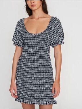 Faithfull The Brand Gingham Puff Sleeve Mini Dress Black White Cottagecore NWT